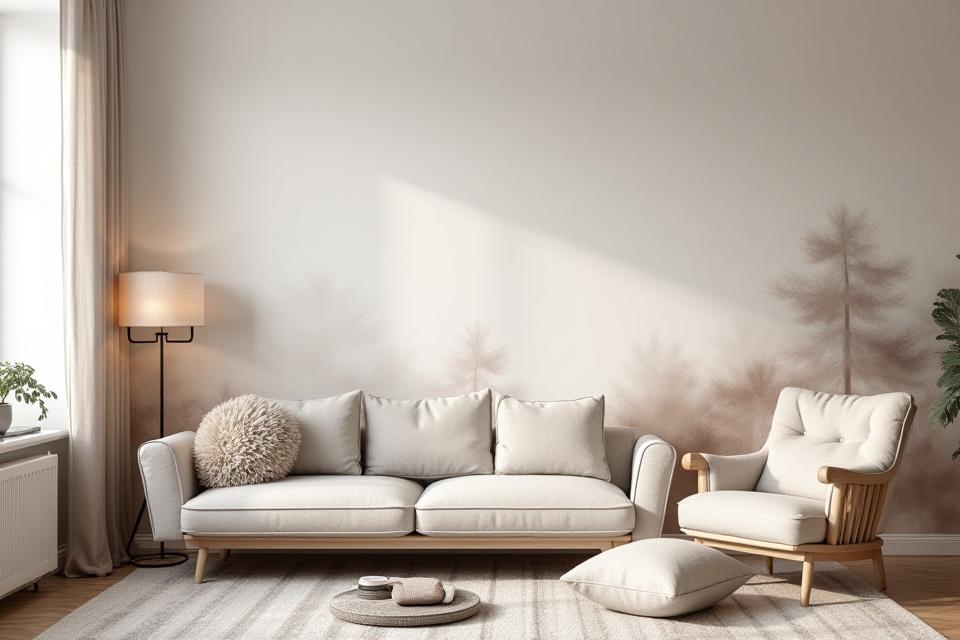 Håndmalt tapet i stue med tradisjonell norsk kalligrafi og nordisk design